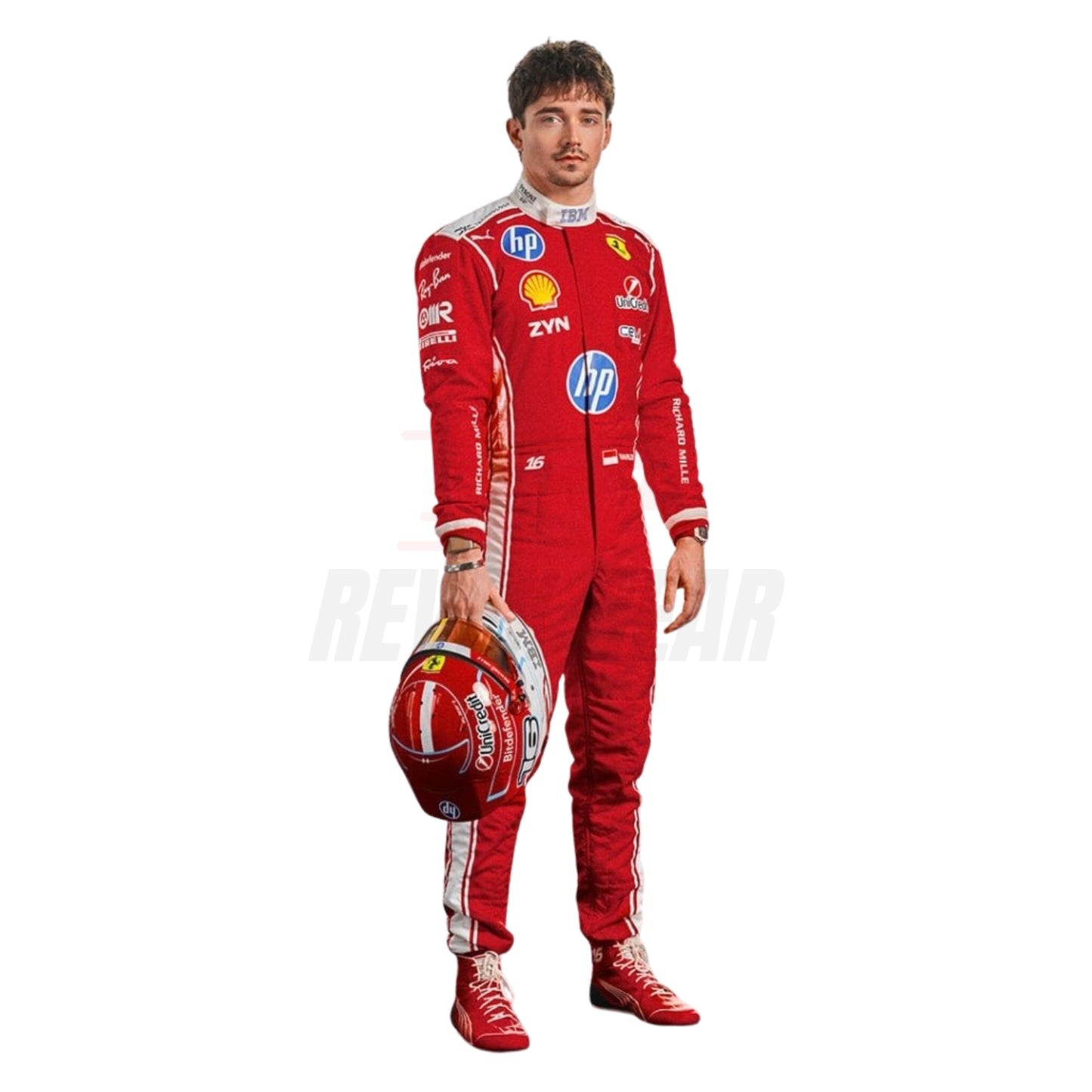 Charles Leclerc 2026 red F1 racing suit front view with number 16 and sponsor logos - Revex Gear