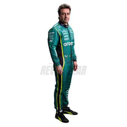 Fernando Alonso 2026 green F1 racing suit front view with number 14 and sponsor logos - Revex Gear