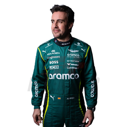 Close up of Fernando Alonso 2026 racing suit showing detailed stitching and brand patches - Revex Gear
