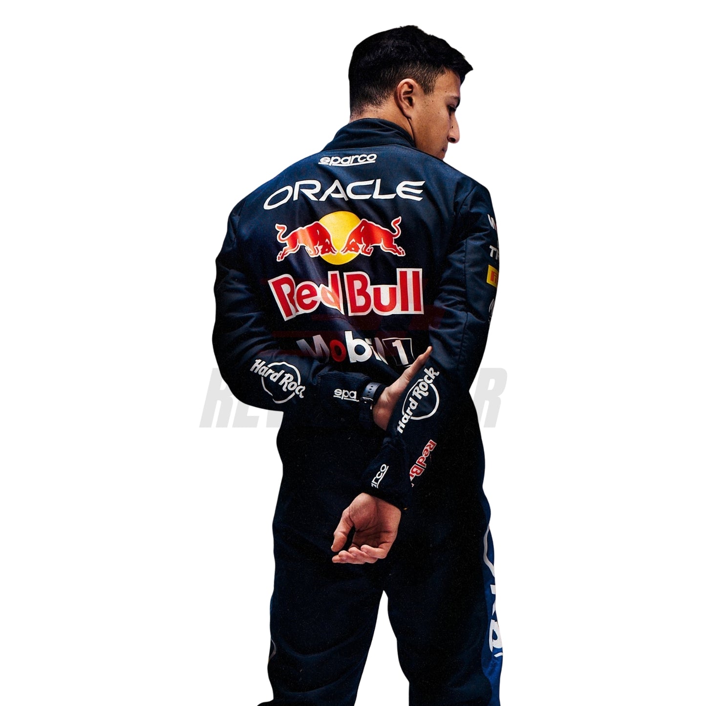 Back view of Isack Hadjar F1 suit featuring upper sponsor graphics with Red Bull and Oracle logos - Revex Gear