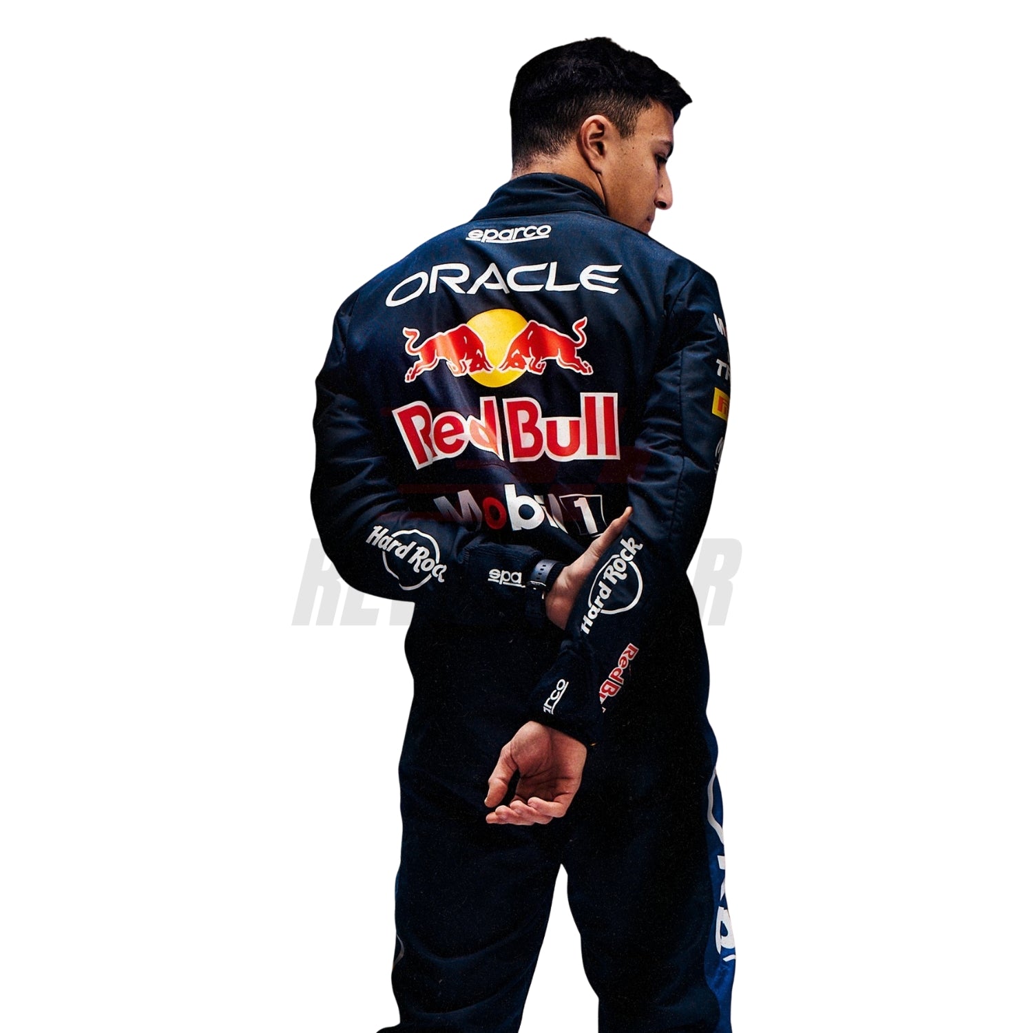Back view of Isack Hadjar F1 suit featuring upper sponsor graphics with Red Bull and Oracle logos - Revex Gear