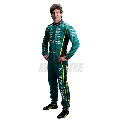 Lance Stroll 2026 green F1 racing suit front view with number 18 and various sponsors - Revex Gear