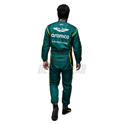 Back view of Lance Stroll F1 suit featuring large number 18 and upper sponsor graphics, wearing a green racing suit with Aramco and Honda logos - Revex Gear