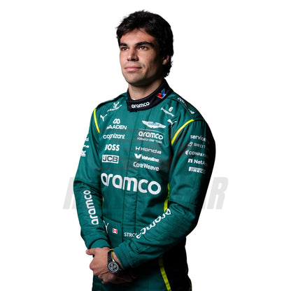 Close up detail of Lance Stroll 2026 racing suit showing chest and shoulder patches - Revex Gear