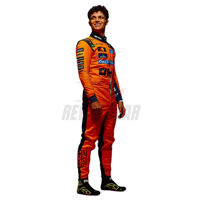 Lando Norris 2026 papaya orange F1 racing suit front view with number 1 and sponsor logos - Revex Gear