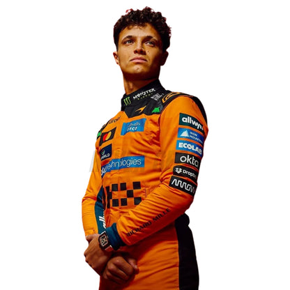 Close up of Lando Norris 2026 racing suit showing championship detailing and brand patches - Revex Gear