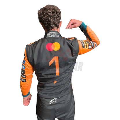 Back view of Lando Norris F1 suit featuring number 1 and upper back sponsor placement - Revex Gear