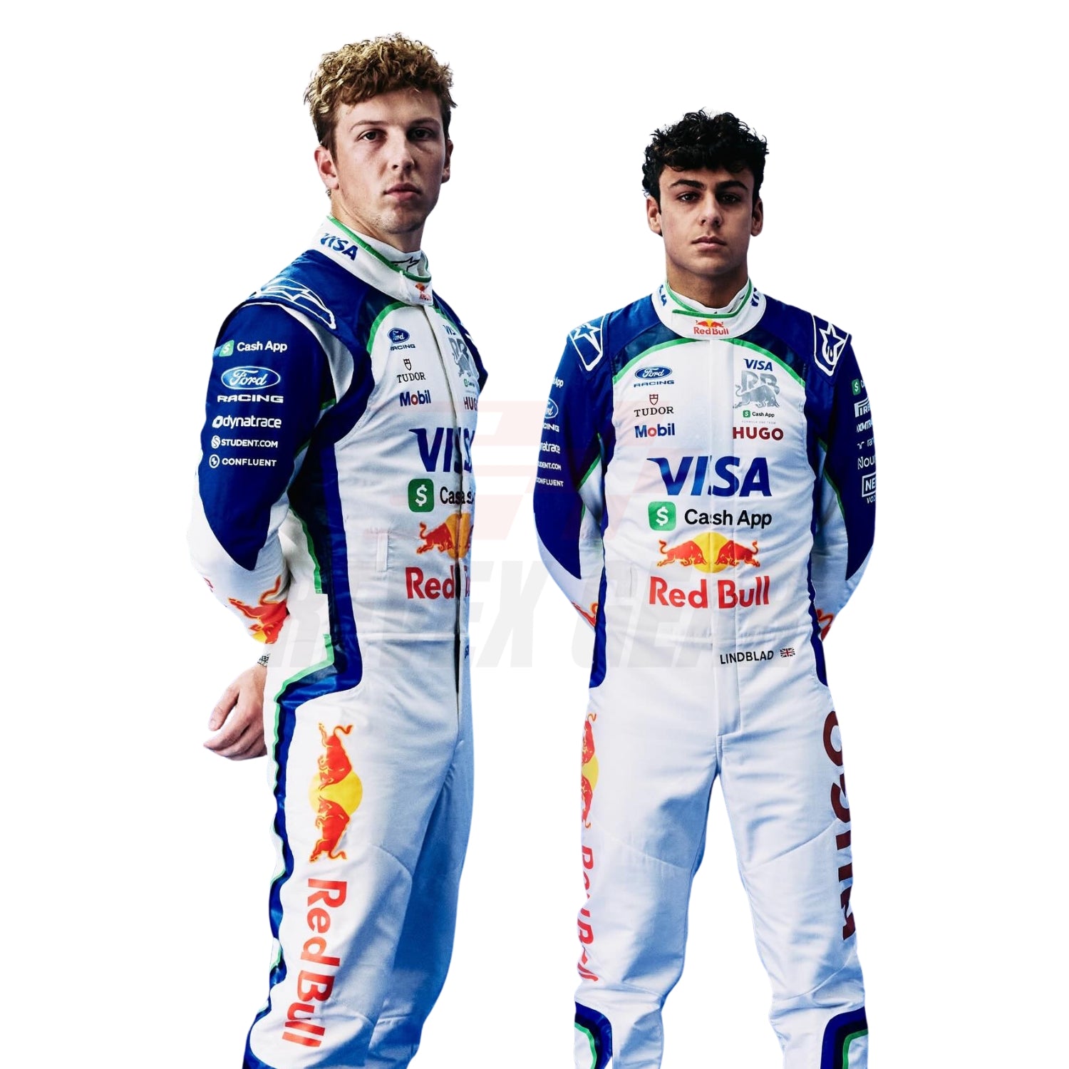 Liam Lawson and Arvid Lindblad wearing 2026 F1 racing costumes - Revex gear