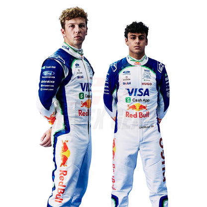 Liam Lawson and Arvid Lindblad wearing 2026 F1 racing costumes - Revex gear
