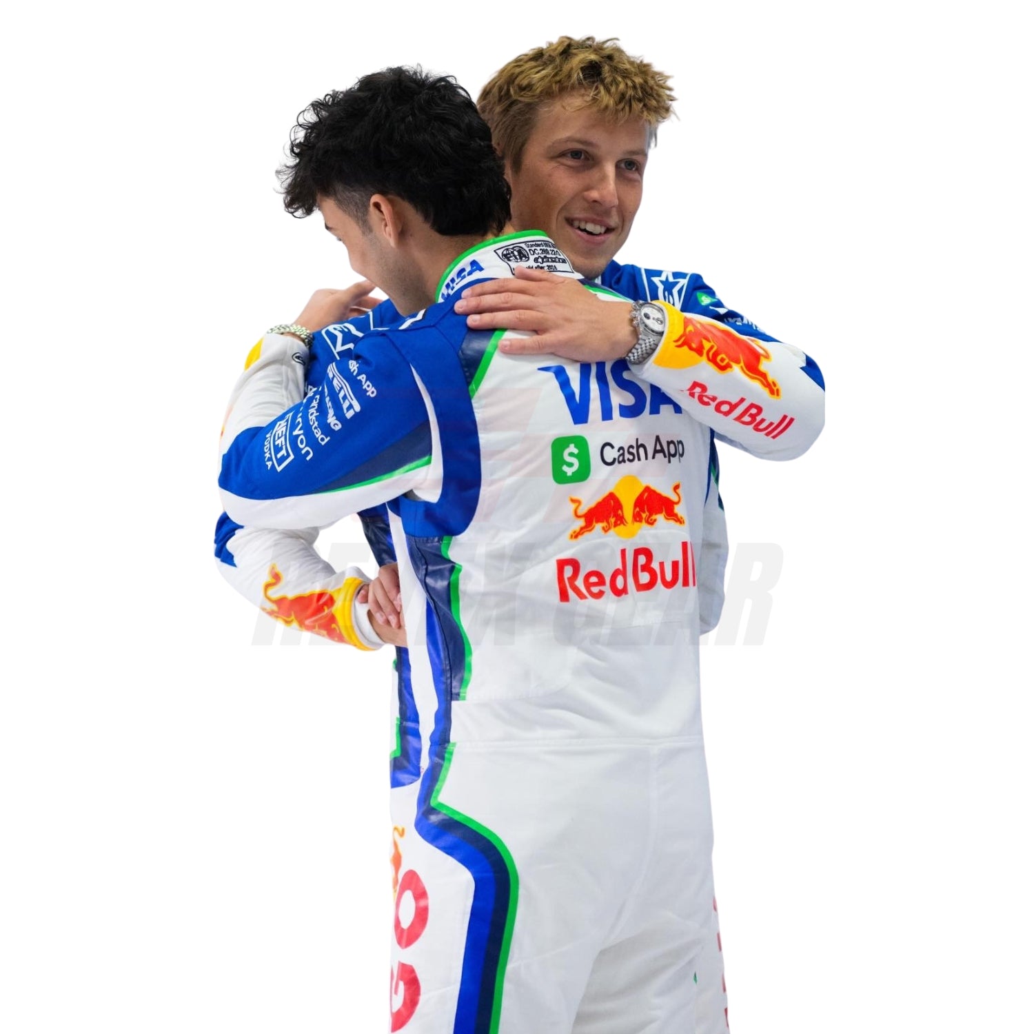 Liam Lawson and Arvid Lindblad individuals in racing suits hugging each other on a white background