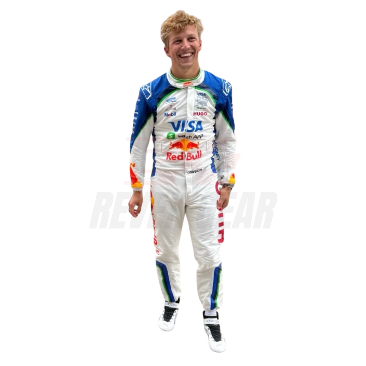 Liam Lawson smiling in 2026 Formula racing Suit - revex gear