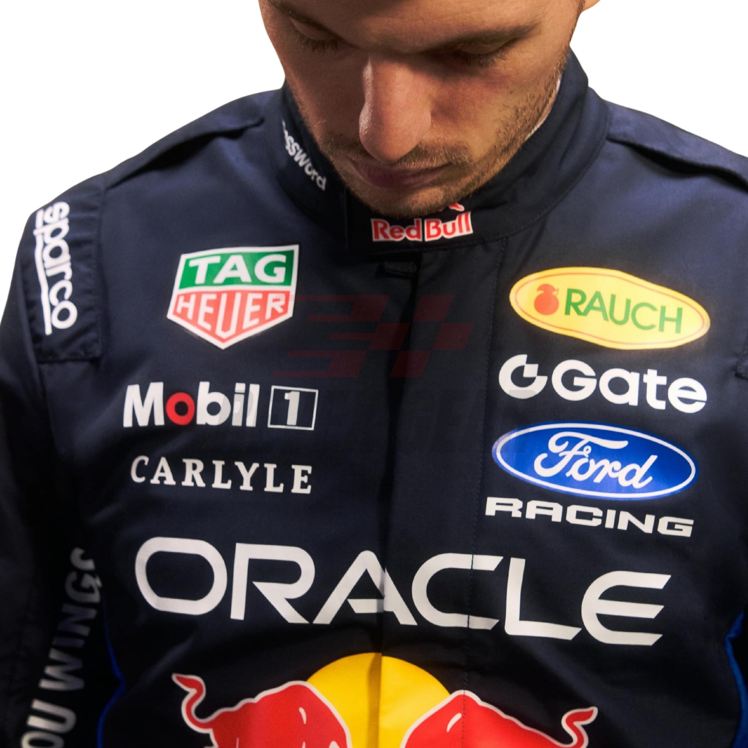 Close up of Max Verstappen 2026 racing suit showing detailed stitching and brand patches - Revex Gear