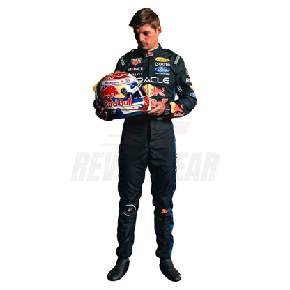 Max Verstappen 2026 blue F1 racing suit front view with number 3 holding helmet - Revex Gear