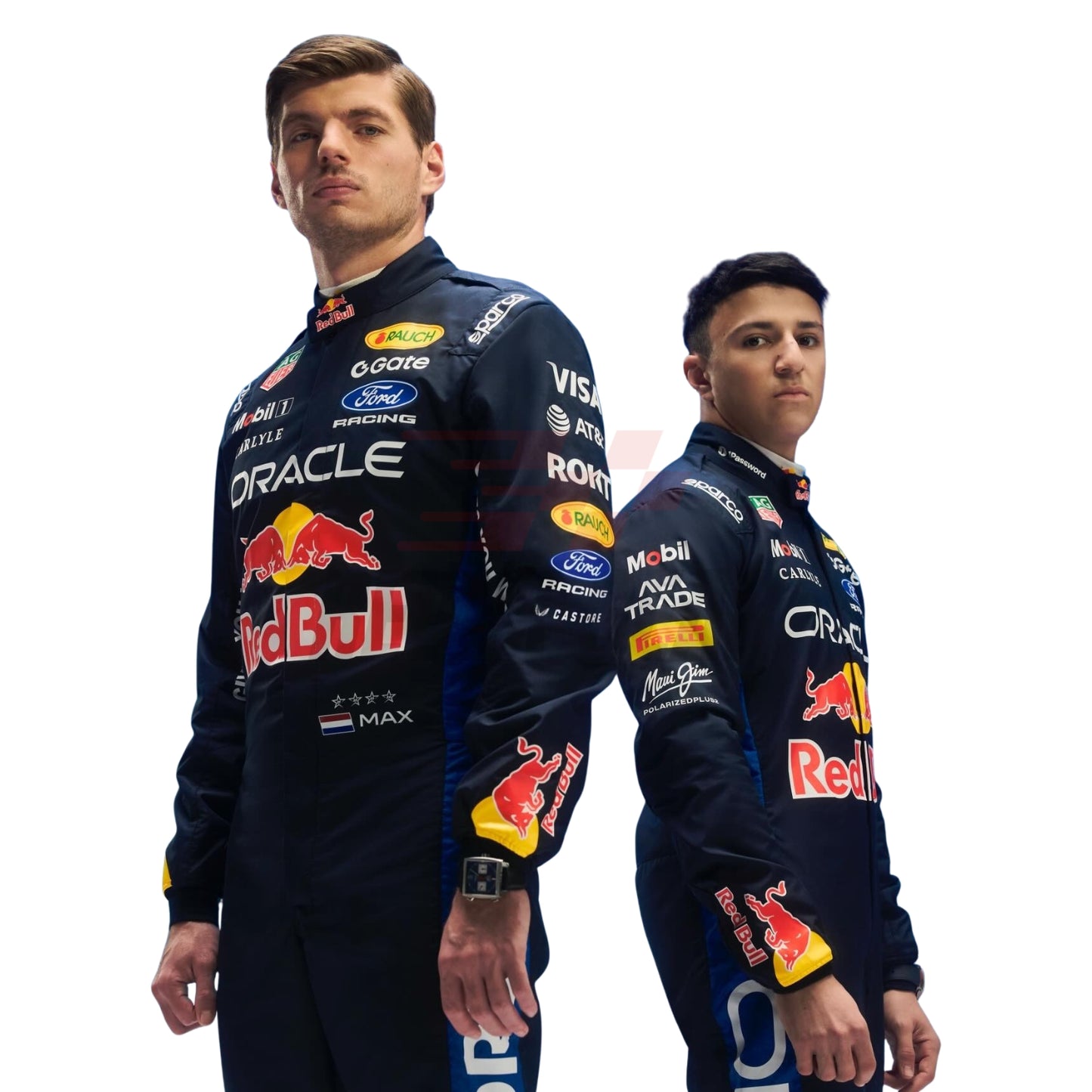 Max Verstappen and Isack Hadjar wearing 2026 Red Bull F1 racing suits  with number 3,6 and with various sponsor logos - Revex Gear