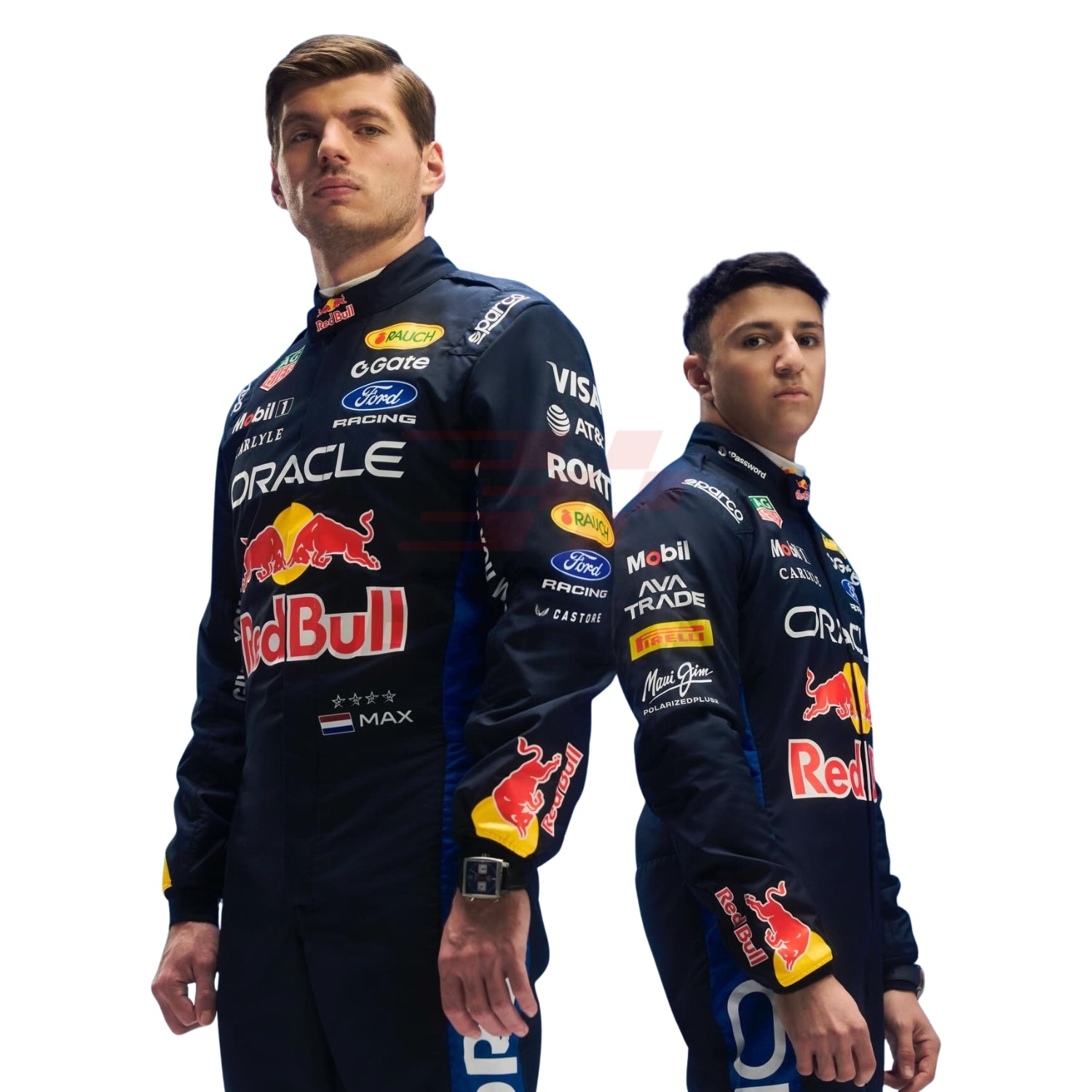 Max Verstappen and Isack Hadjar wearing 2026 Red Bull F1 racing suits  with number 3,6 and with various sponsor logos - Revex Gear
