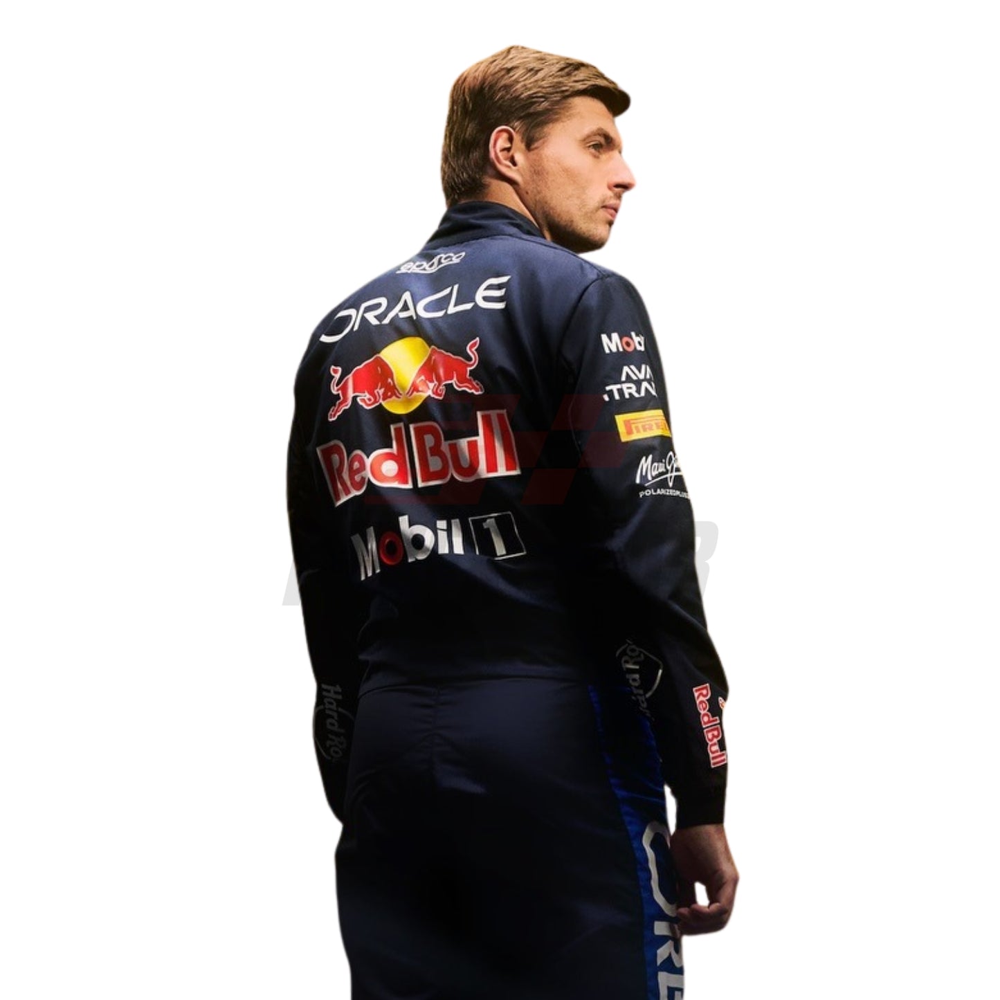 Back view of Max Verstappen F1 suit featuring upper back sponsor placement dark blue racing suit with Red Bull and Oracle logos - Revex Gear