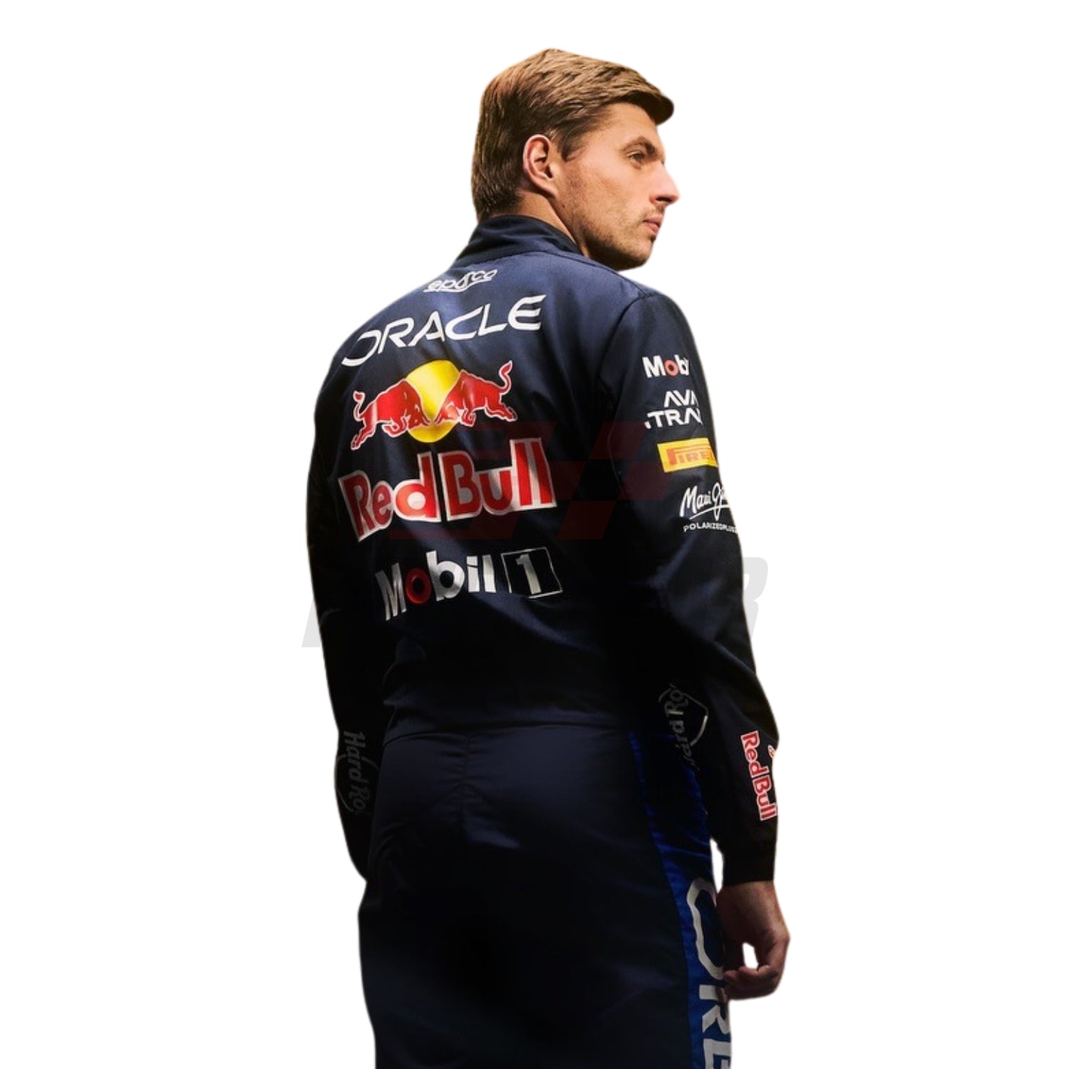 Back view of Max Verstappen F1 suit featuring upper back sponsor placement dark blue racing suit with Red Bull and Oracle logos - Revex Gear