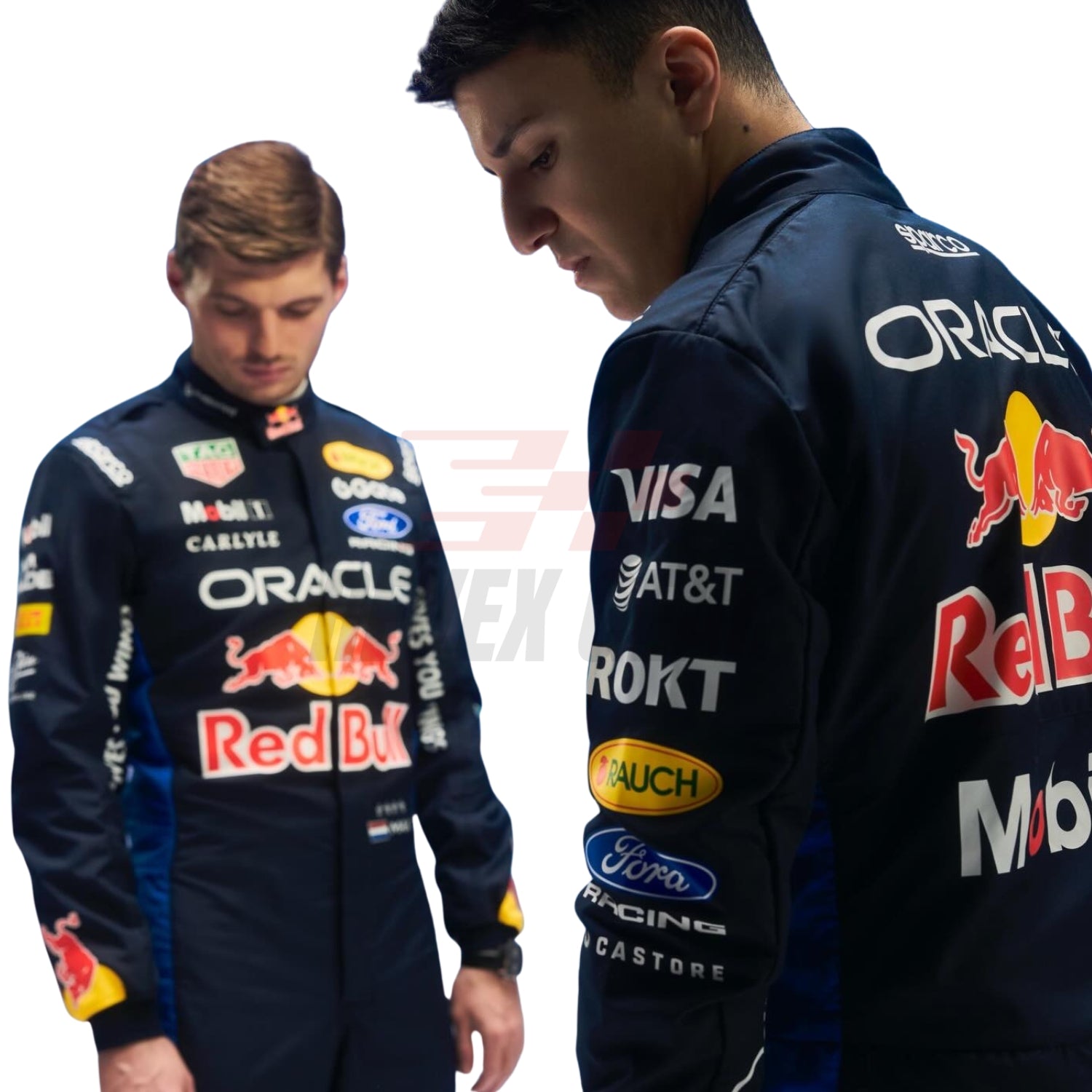 Close-up of Max Verstappen 2026 racing suit showing detailed stitching and brand patches, and back view of Isack Hadjar F1 suit featuring upper sponsor graphics with Red Bull and Oracle logos - Revex Gear