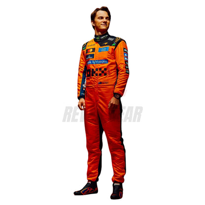 Oscar Piastri 2026 papaya orange F1 racing suit front view with number 81 and sponsor logos - Revex Gear