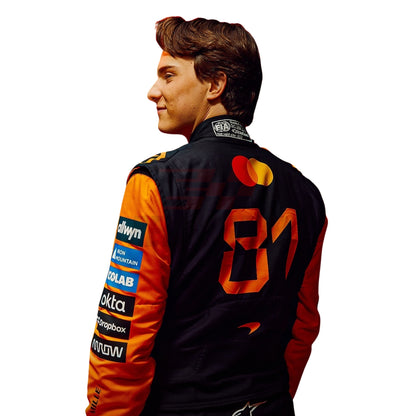 Back view of Oscar Piastri F1 suit featuring large number 81 and upper sponsor graphics - Revex Gear
