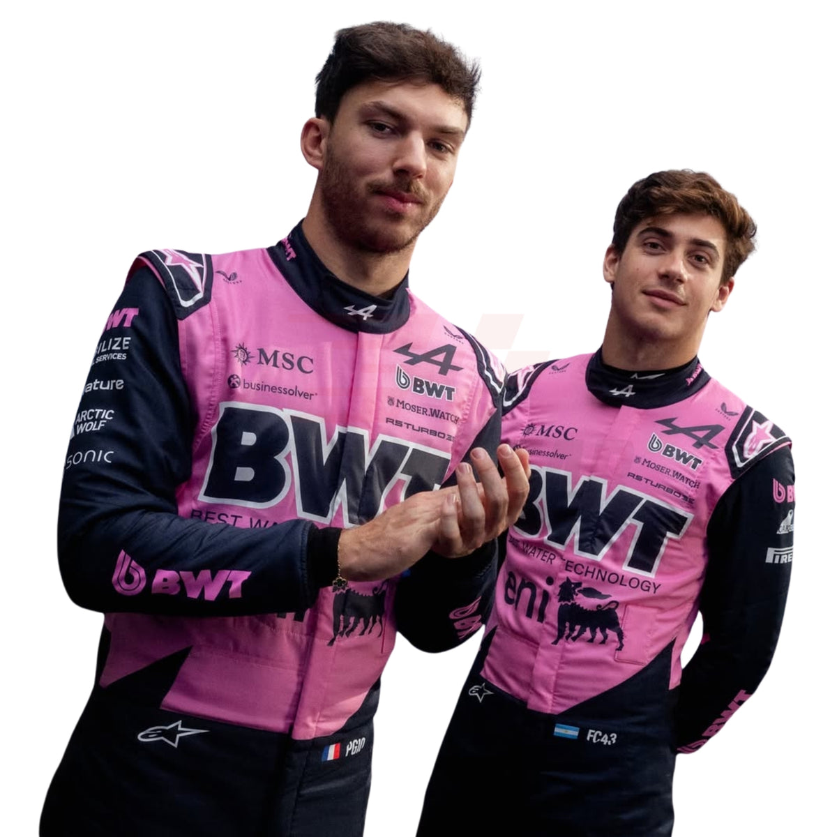 Pierre Gasly and Franco Colapinto wearing pink and black racing suits with visible branding on a white background