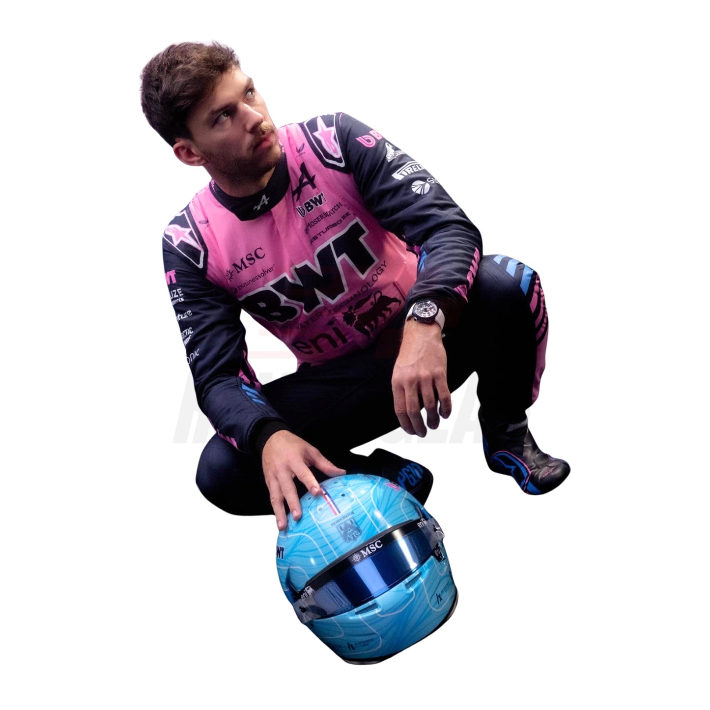 Pierre Gasly wearing a racing suit with various sponsor logos, holding a blue helmet on a white background