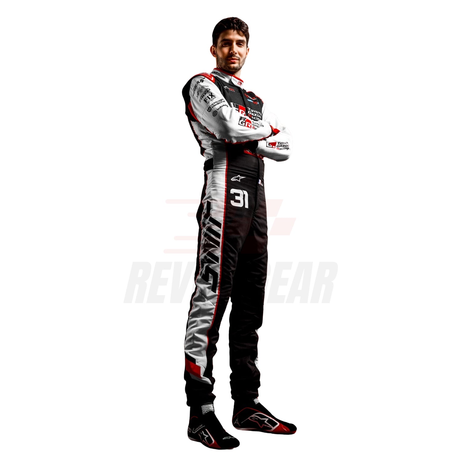 Esteban Ocon 2026 Formula racing suit full body view with visible branding on a white background