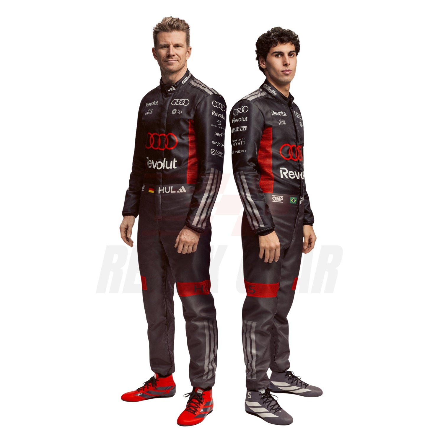 Gabriel Bortoleto Nico Hulkenberg wearing Audi racing suits on a white background