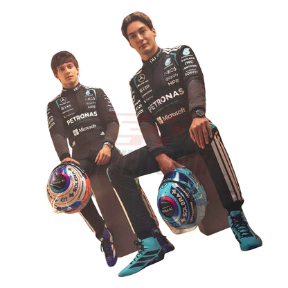 George Russell and Andrea Kimi Antonelli 2026 F1 racing suit front view with number 63,12, and sponsor logos - Revex Gear