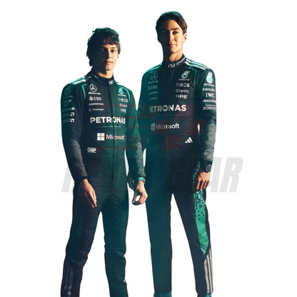 George Russell and Andrea Kimi Antonelli 2026 F1 racing suit front view with number 63 ,12 and sponsor logos - Revex Gear