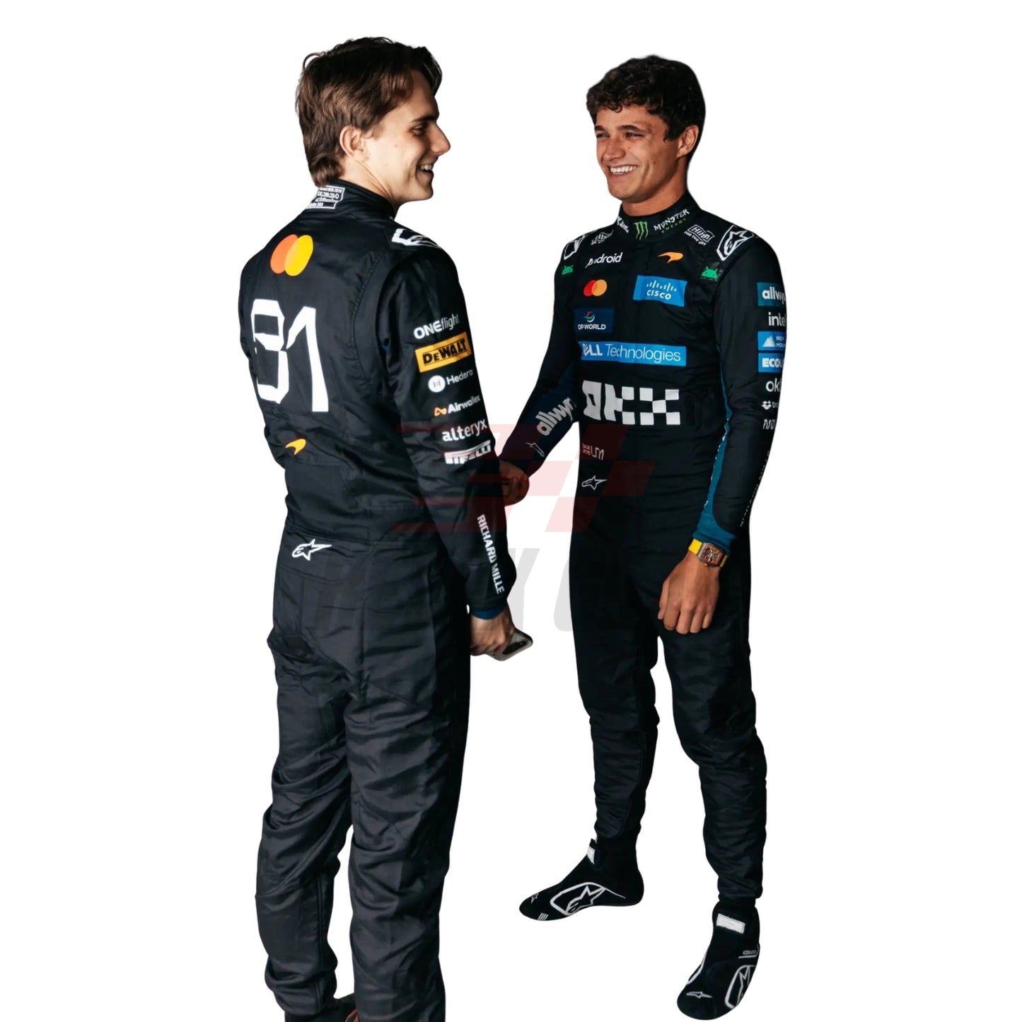 2026 Lando Norris & Oscar Piastri Monza GP F1 racing suits with sponsor logos, standing and shaking hands against a white background.