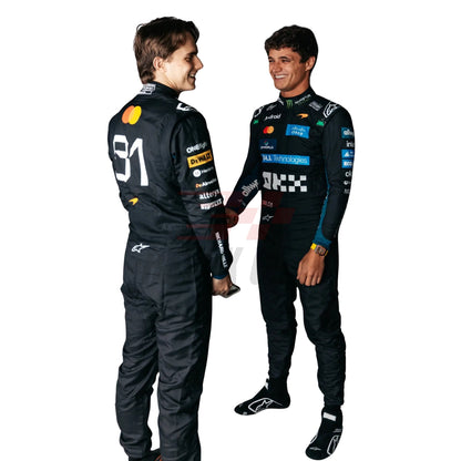 2026 Lando Norris & Oscar Piastri Monza GP F1 racing suits with sponsor logos, standing and shaking hands against a white background.
