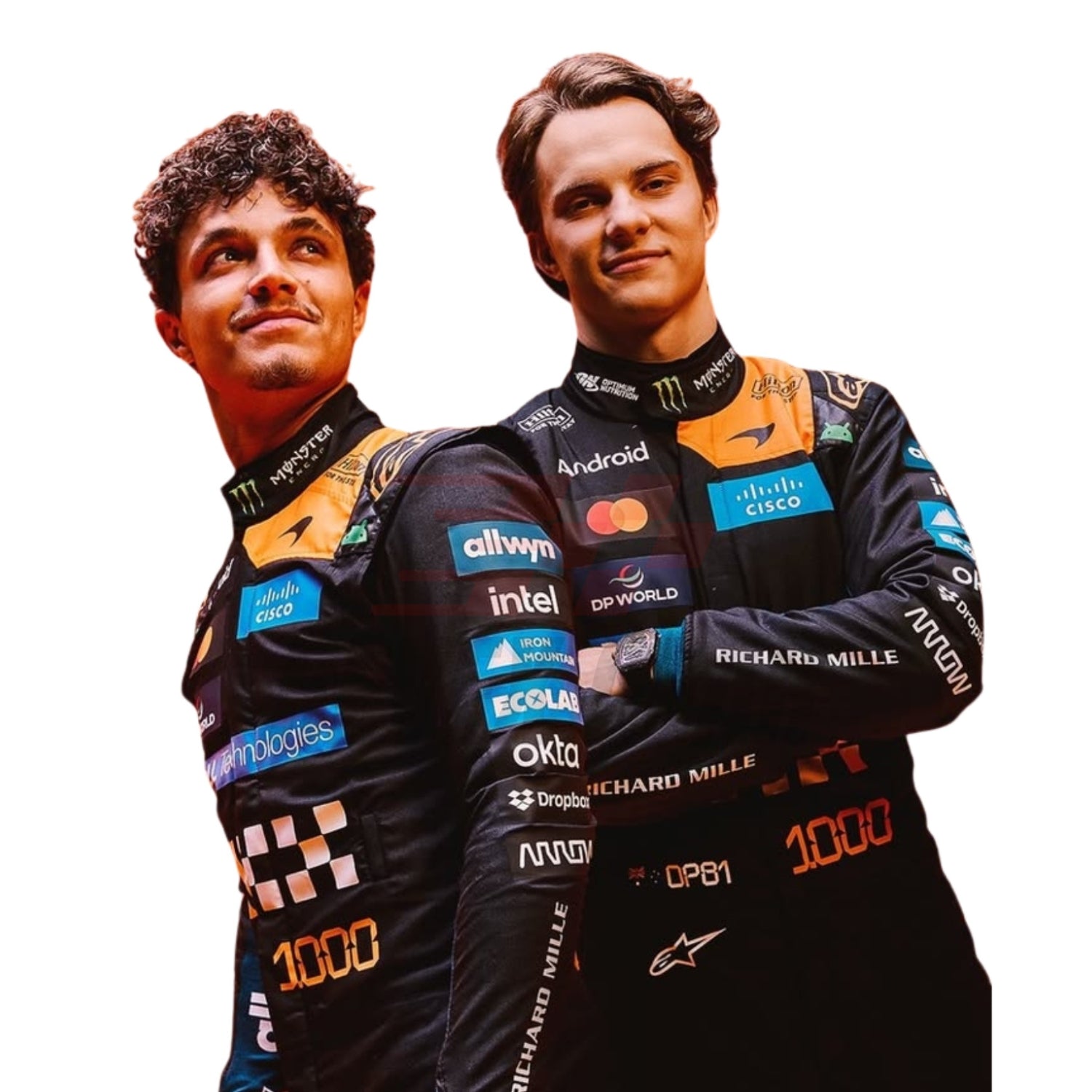 Two individuals, Lando Norris and Oscar Piastri, wearing McLaren Monaco GP 2026 F1 racing suits with various sponsor logos - Revex Gear