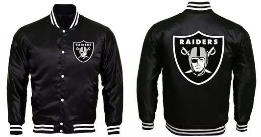 NFL Oakland Las Vegas Raiders Bomber Style Letterman Black Satin Varsity Jacket