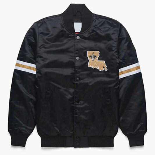 NFL New Orleans Saints Vintage 80s Black Satin Bomber Baseball Varsity Jacket