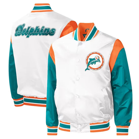 Miami Dolphins Throwback Warm Up Pitch White Satin Jacket