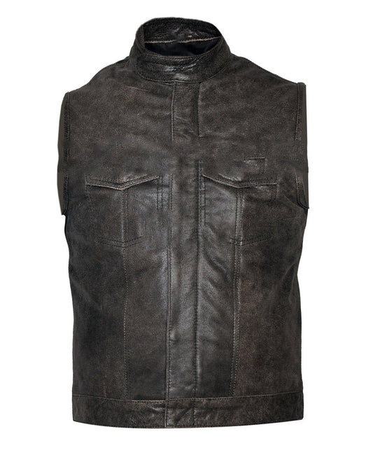Stonewash Cut off  Leather Mens Vest Waiscoat ( Gilet Biker Motorcycle)