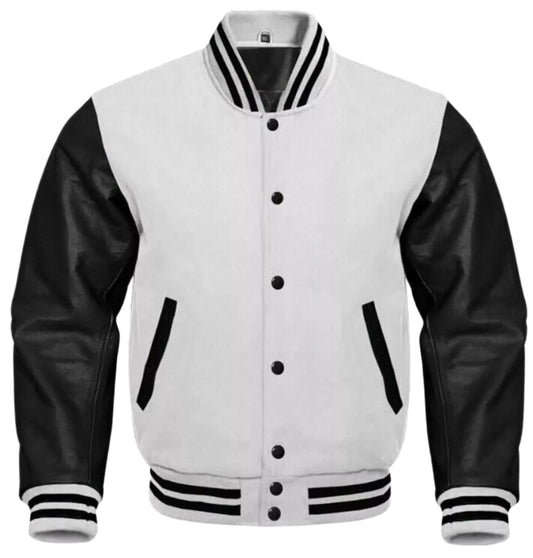 Varsity Baseball College Lettermen Bomber White Wool & Black Leather Jacket