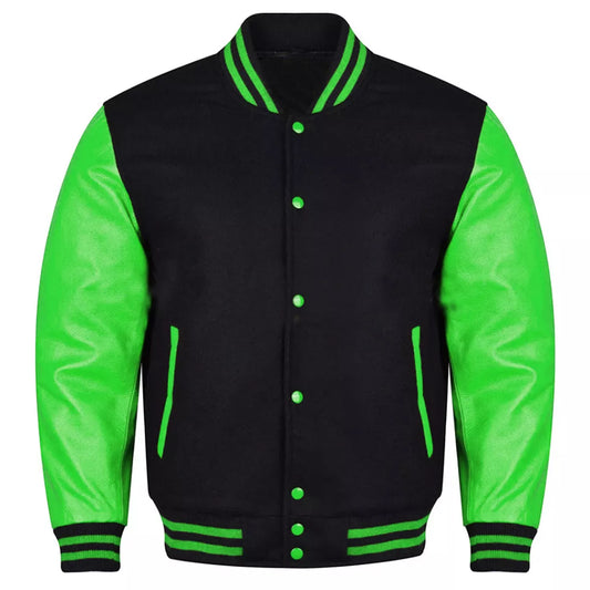 Varsity Black Letterman Baseball Wool &Green Real Leather Sleeves Jacket