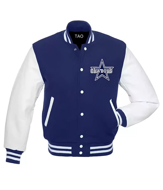 NFL Dallas Cowboys Royal Blue Body White Leather Sleeves varsity jacket men's
