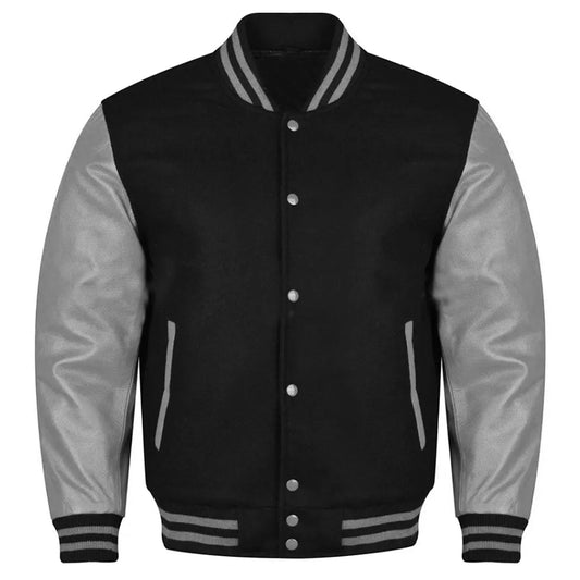 Varsity Black Letterman Baseball Wool &Grey Real Leather Sleeves Jacket