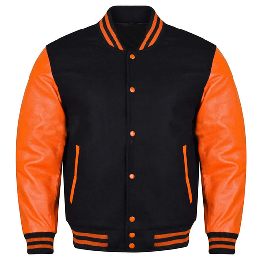 Varsity Black Letterman Baseball Wool &Orange Real Leather Sleeves Jacket