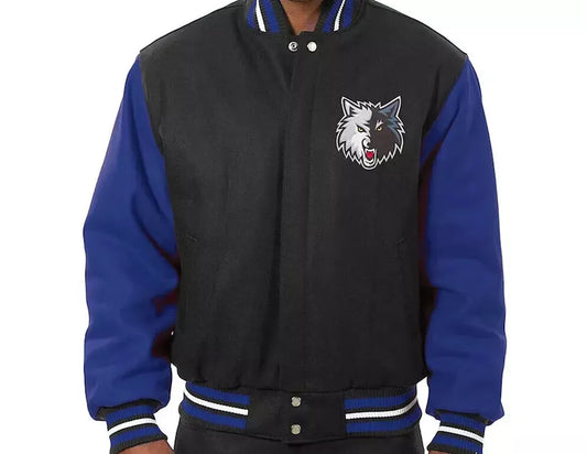 Letterman Minnesota Timberwolves Black and Royal Blue-All Wool Varsity Jacket