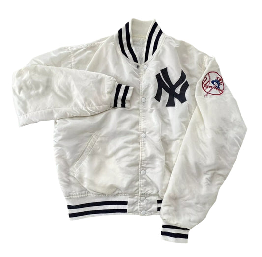 NY Yankees Vintage 90s Athletic Jacket White Satin Bomber Style Varsity Jacket-02