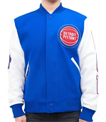 Letterman Detroit Pistons Blue and White Varsity Jacket