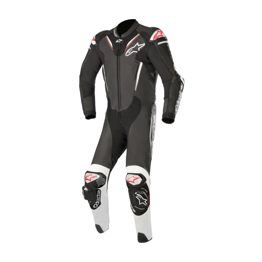 Atem V3 One-Piece Motorcycle Leather Racing Suit in black and white with external protectors on the knee, shoulders, elbows, and back.