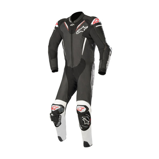 Atem V3 One-Piece Motorcycle Leather Racing Suit in black and white with external protectors on the knee, shoulders, elbows, and back.