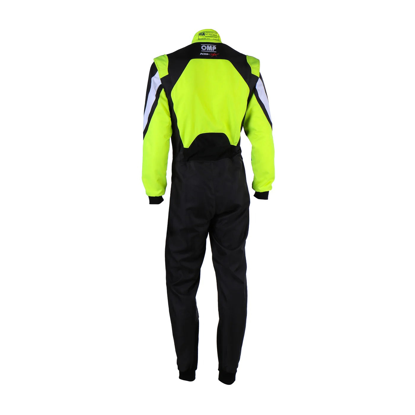 Fluorescent yellow and black Back of adult-size OMP KS-3X FIA karting suit showing breathable mesh panels, reinforced seams, and professional-grade racing structure.