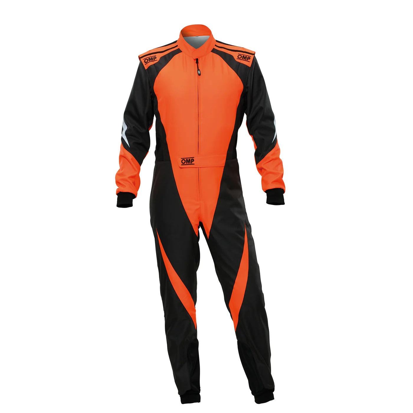 Front view of adult-size OMP KS-3X black and orange karting suit featuring advanced dual-layer protection, lightweight fabric, and aerodynamic race design.