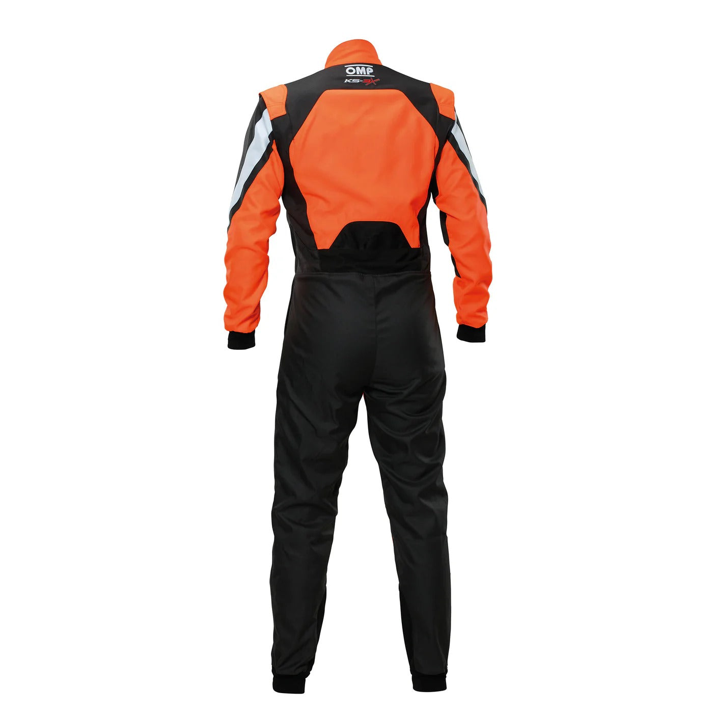 Back of adult-size OMP KS-3X FIA black and orange karting suit showing breathable mesh panels, reinforced seams, and professional-grade racing structure.